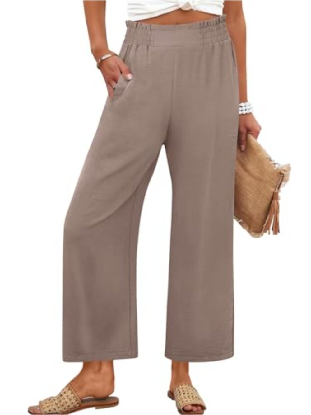 Wide Leg Palazzo Pants High Waisted Cropped Flowy Casual Trousers with Pockets